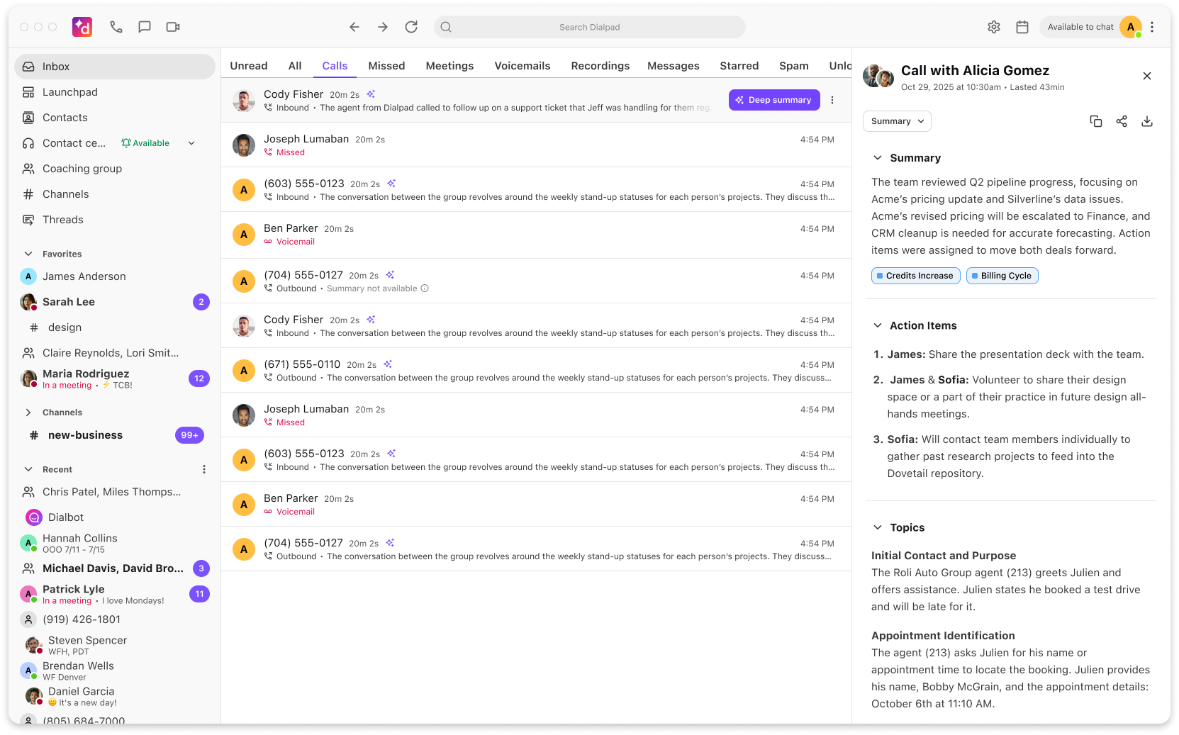 Call log showing various inbound and outbound calls with detailed summaries and action items.